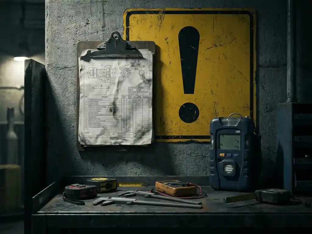 Verwittertes Industrieklemmbrett mit Sicherheitsbewertung an gelbem Warnschild, Messgeräte und Gasdetektor auf Betonboden.