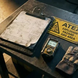 Industrieklemmbrett mit technischem Dokument auf Stahloberfläche, daneben ATEX-Warnschild, Gasdetektor und Schutzhandschuhe.