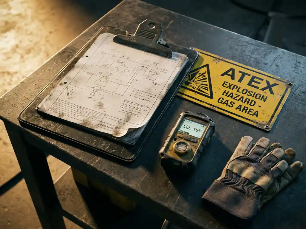 Industrieklemmbrett mit technischem Dokument auf Stahloberfläche, daneben ATEX-Warnschild, Gasdetektor und Schutzhandschuhe.