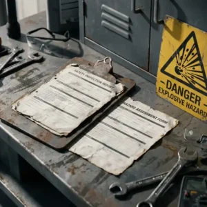 Abgenutztes Industrieklemmbrett mit zwei offiziellen Dokumenten auf Stahlwerkbank, Explosionsschutz-Warnschild und Sicherheitswerkzeug im Hintergrund.