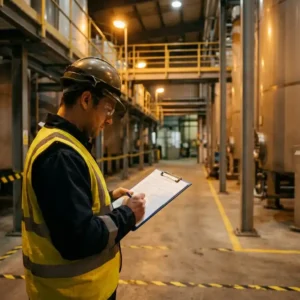 Sicherheitsinspektor in Warnweste prüft Klemmbrett-Dokument in Industrieanlage mit Metalltanks und gelben Gefahrenmarkierungen.