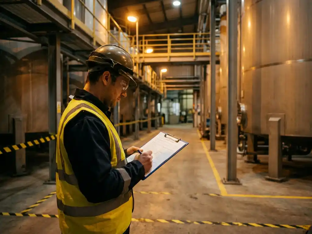 Sicherheitsinspektor in Warnweste prüft Klemmbrett-Dokument in Industrieanlage mit Metalltanks und gelben Gefahrenmarkierungen.
