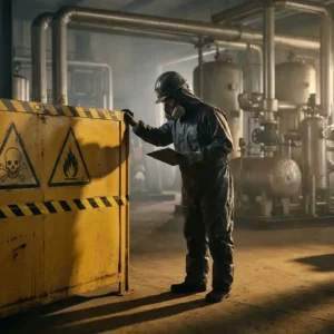 Sicherheitsinspektor in Schutzausrüstung prüft gelbe Gefahrenzonenabsperrung in einer Industriehalle mit Rohren und Druckbehältern im Hintergrund.