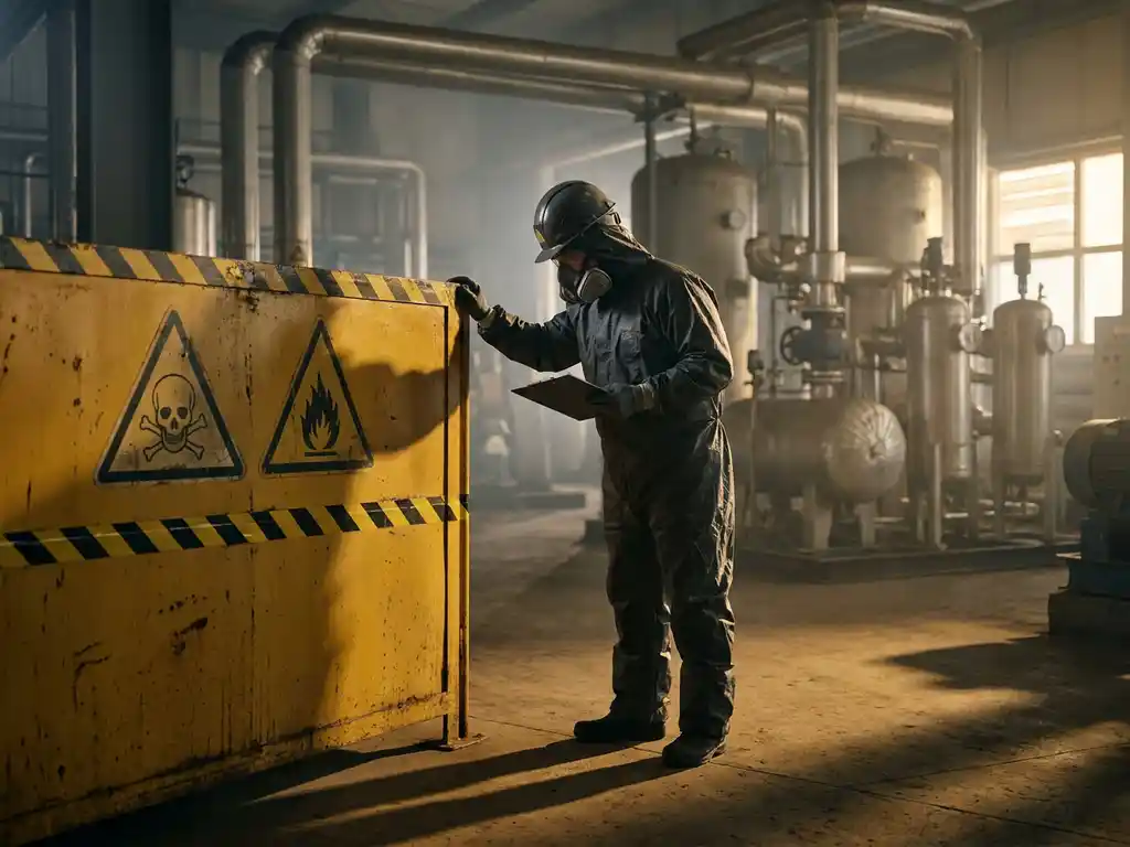 Sicherheitsinspektor in Schutzausrüstung prüft gelbe Gefahrenzonenabsperrung in einer Industriehalle mit Rohren und Druckbehältern im Hintergrund.