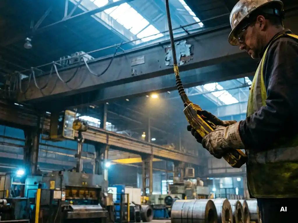 Zertifizierter Kranführer bedient Hängesteuerung eines Brückenkrans in Industriehalle mit Stahlspulen im Hintergrund.