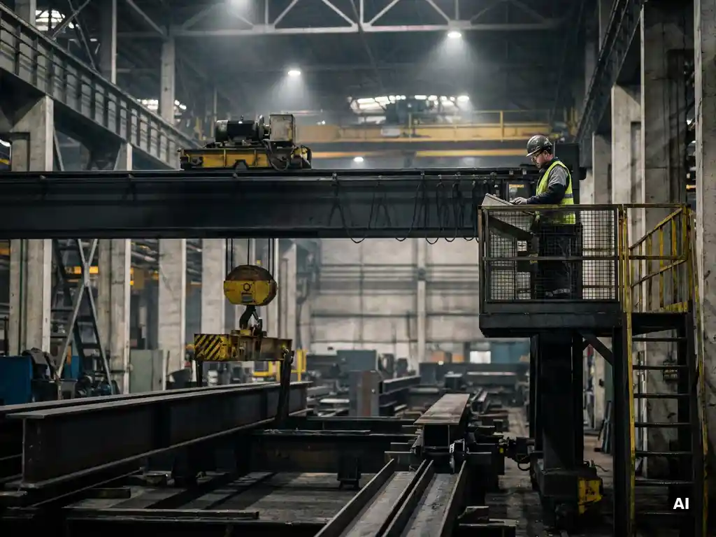 Brückenkran in einer Fabrikhalle mit Stahlträgern, helmtragender Bediener auf erhöhter Plattform unter dramatischer Industriebeleuchtung.