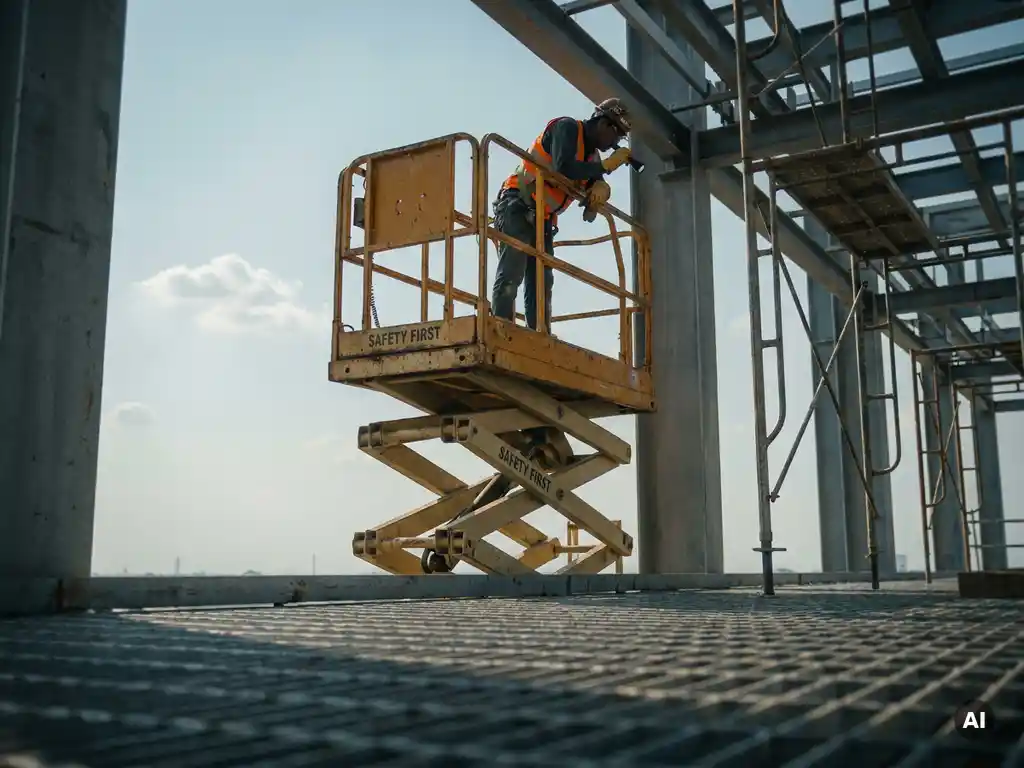 Arbeiter in Warnweste und Helm inspiziert Stahlkonstruktion auf gelbem Scherenhubbühne, Froschperspektive.