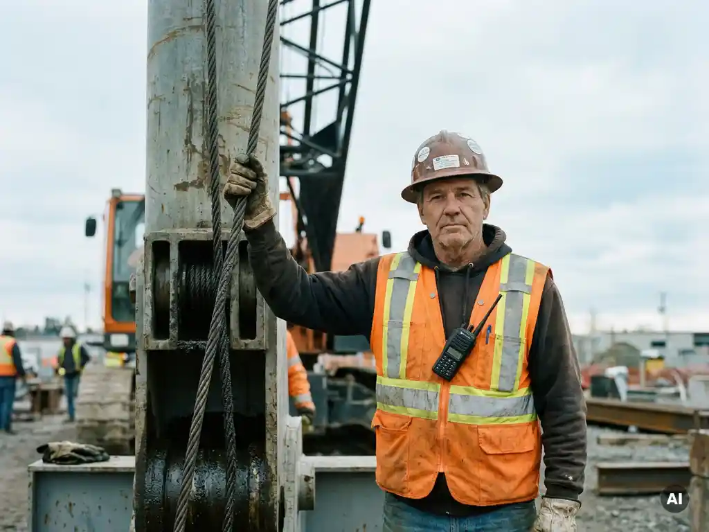 Zertifizierter Kranführer in Schutzhelm und Warnweste stützt Hand auf Stahlseil eines Industriekrans auf Baustelle.