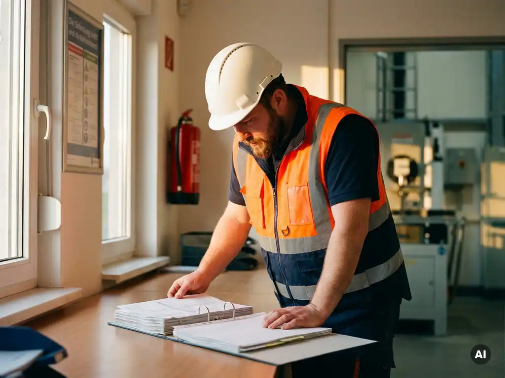 Sicherheitsbeauftragter mit Schutzhelm und Warnweste prüft Compliance-Unterlagen an Industriearbeitsplatz mit Feuerlöscher im Hintergrund.