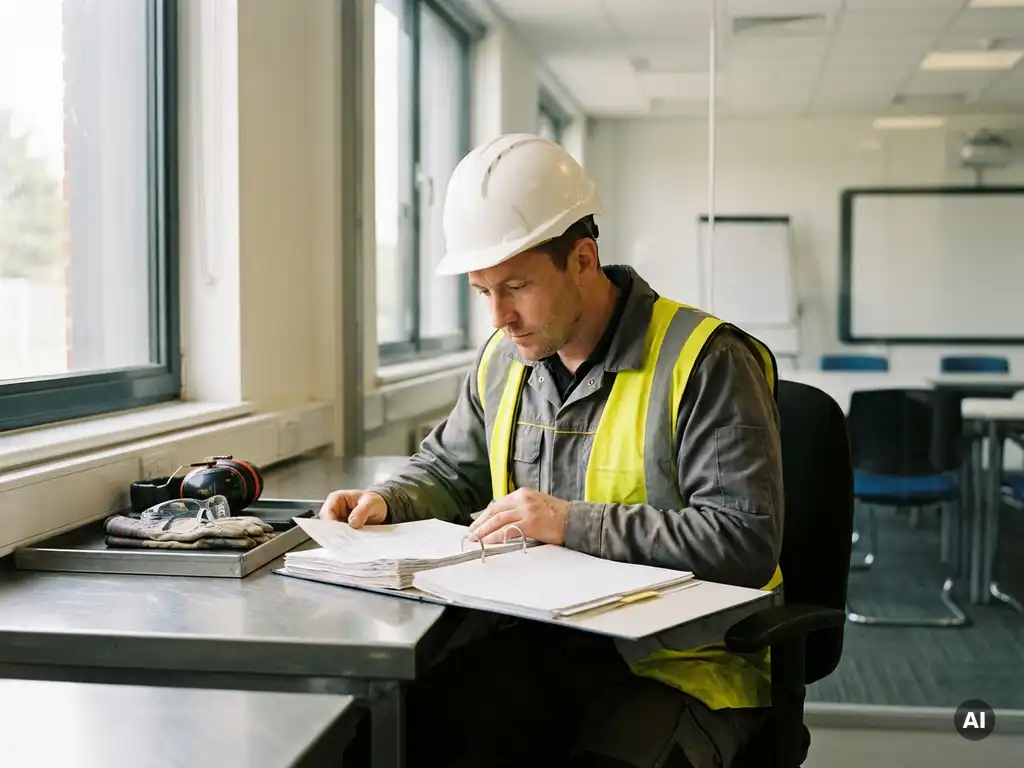 Sicherheitsfachkraft mit Schutzhelm und Warnweste prüft Zertifizierungsordner an Industriearbeitsplatz mit PSA.