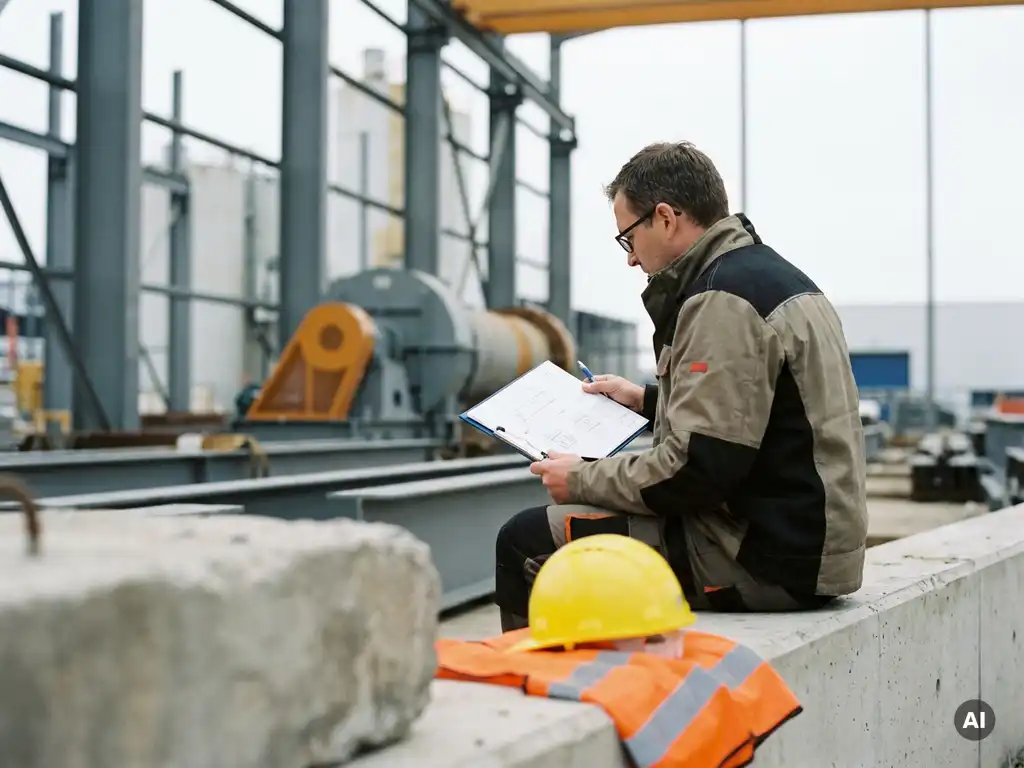 Sicherheitskoordinator prüft Qualifikationsdokumente auf einer Industriebaustelle, Schutzhelm und Warnweste auf Beton, Klemmbrett in der Hand.