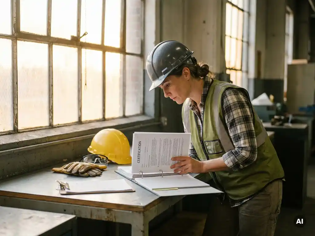 Fachkraft mit Schutzhelm und Warnweste prüft Zertifizierungsunterlagen an industriellem Arbeitsplatz im Fabrikgebäude.