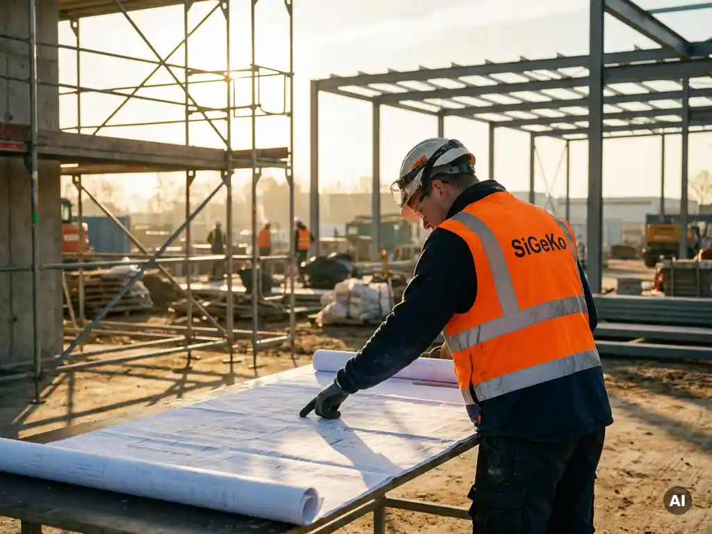 SiGeKo-Koordinator in Warnweste prüft Baupläne auf einer aktiven Baustelle mit Gerüst und Stahlkonstruktion im Hintergrund.